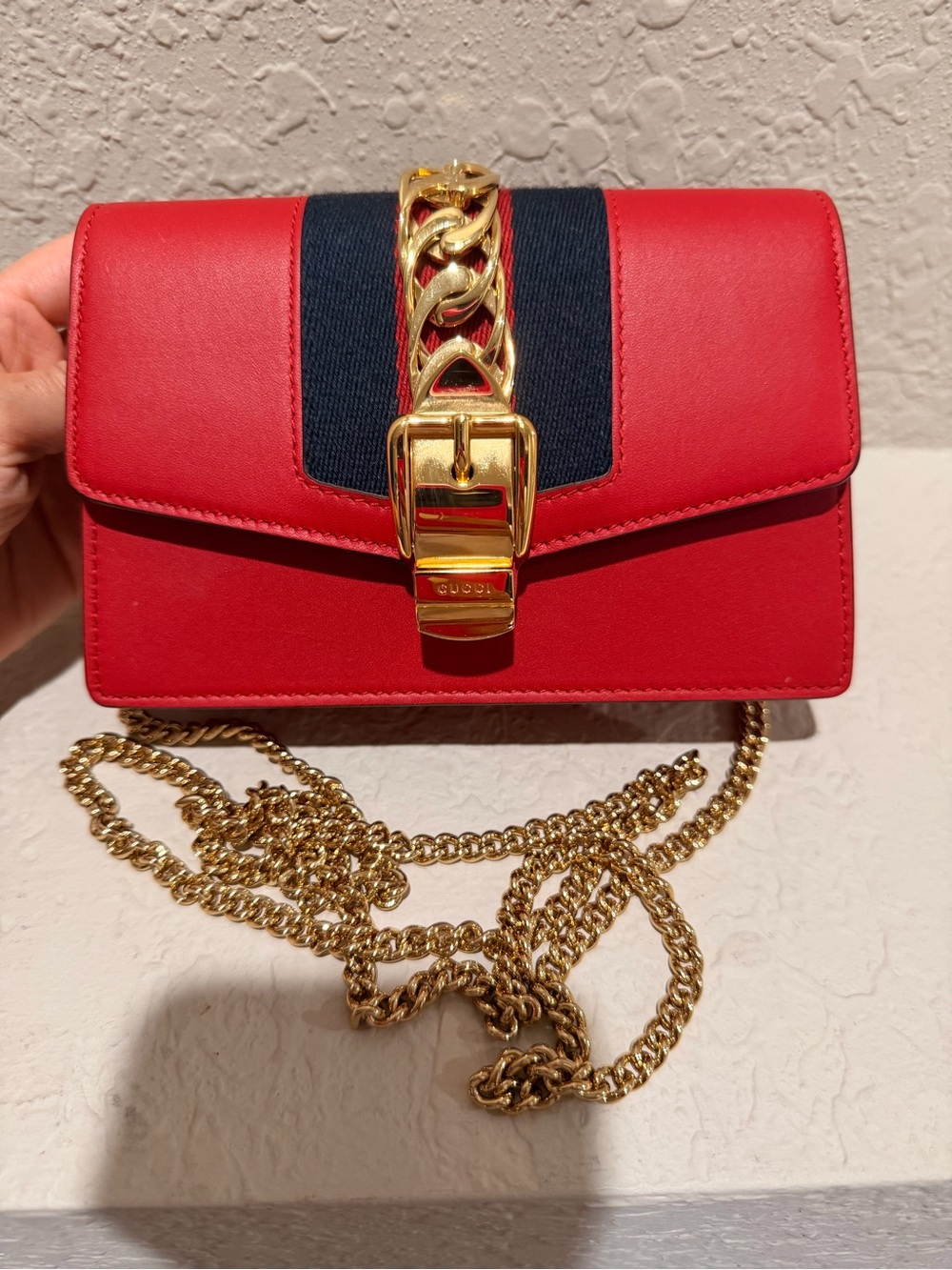 Gucci Red Leather Crossbody with Navy Web and Gold Hardware